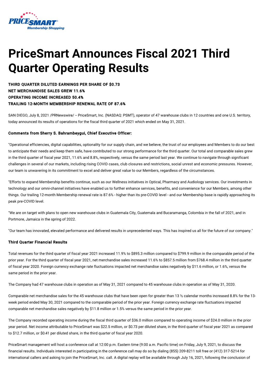 Pricesmart Announces Fiscal 2021 Third Quarter Operating Results