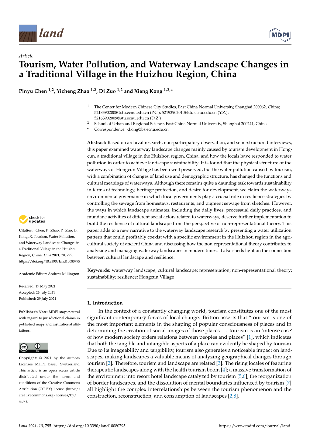 Tourism, Water Pollution, and Waterway Landscape Changes in a Traditional Village in the Huizhou Region, China