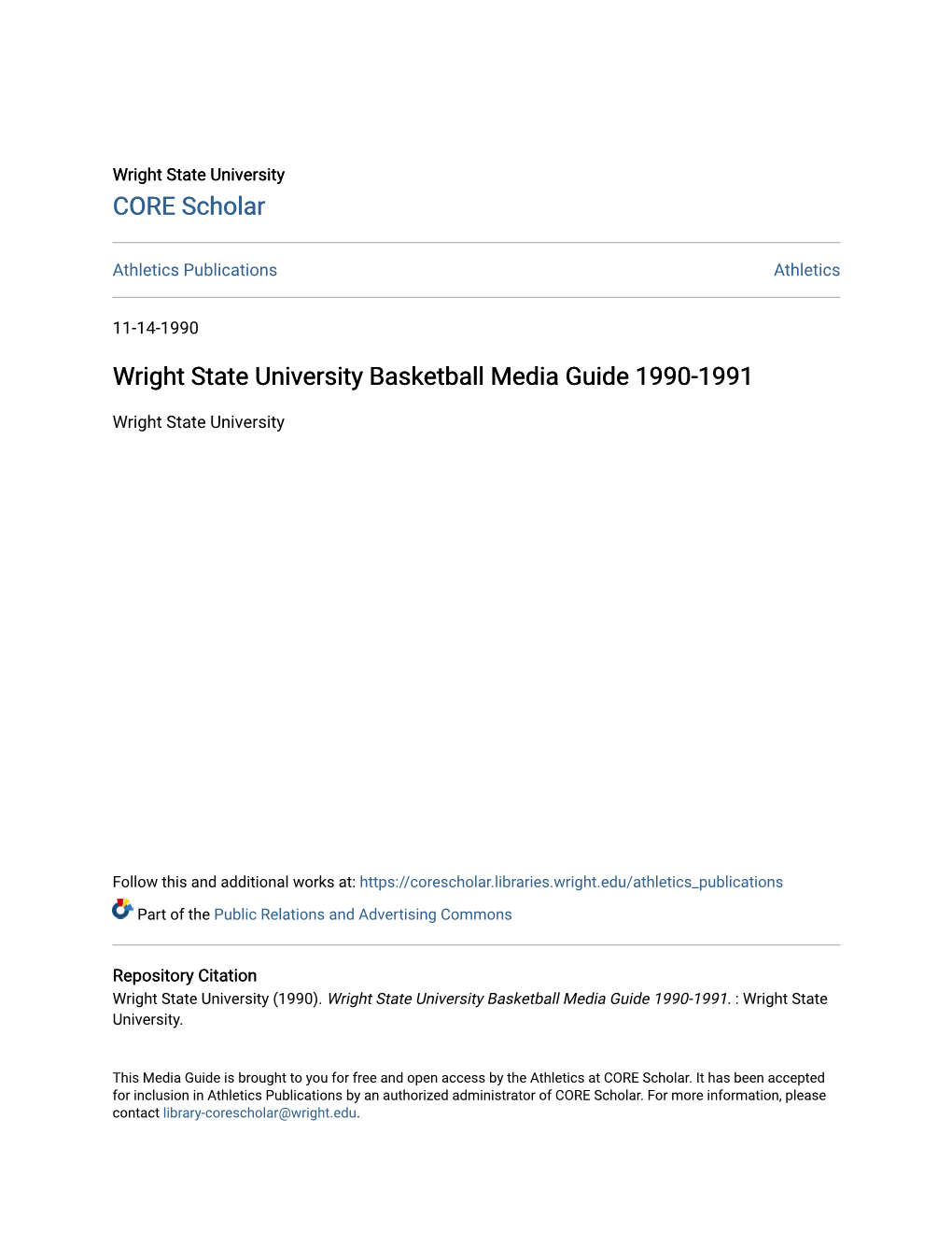 Wright State University Basketball Media Guide 1990-1991