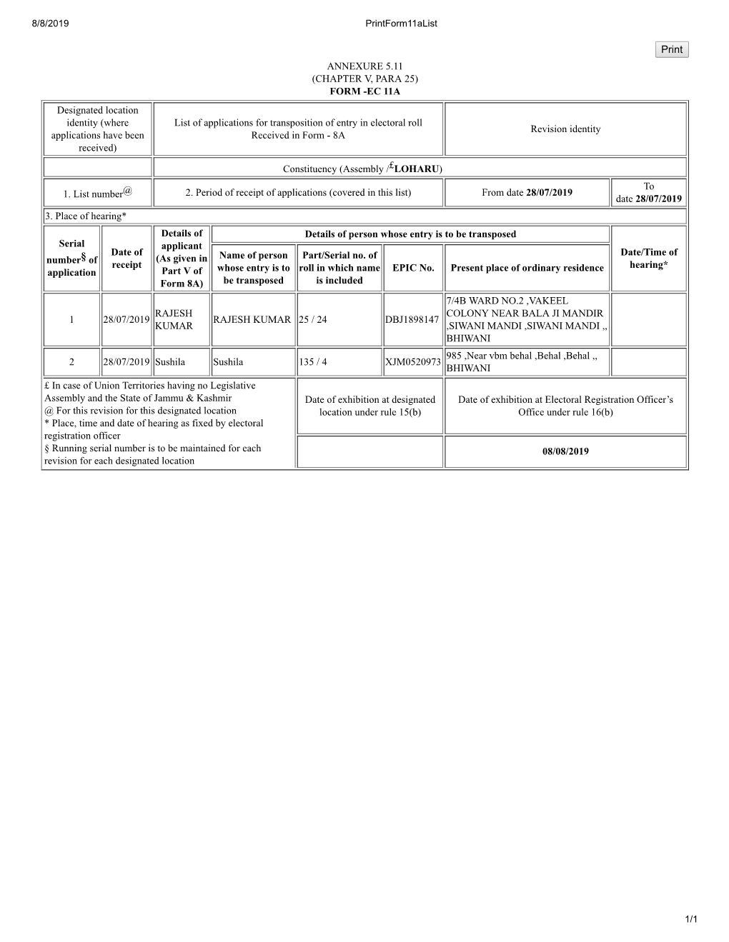 FORM -EC 11A Designated Location Identity