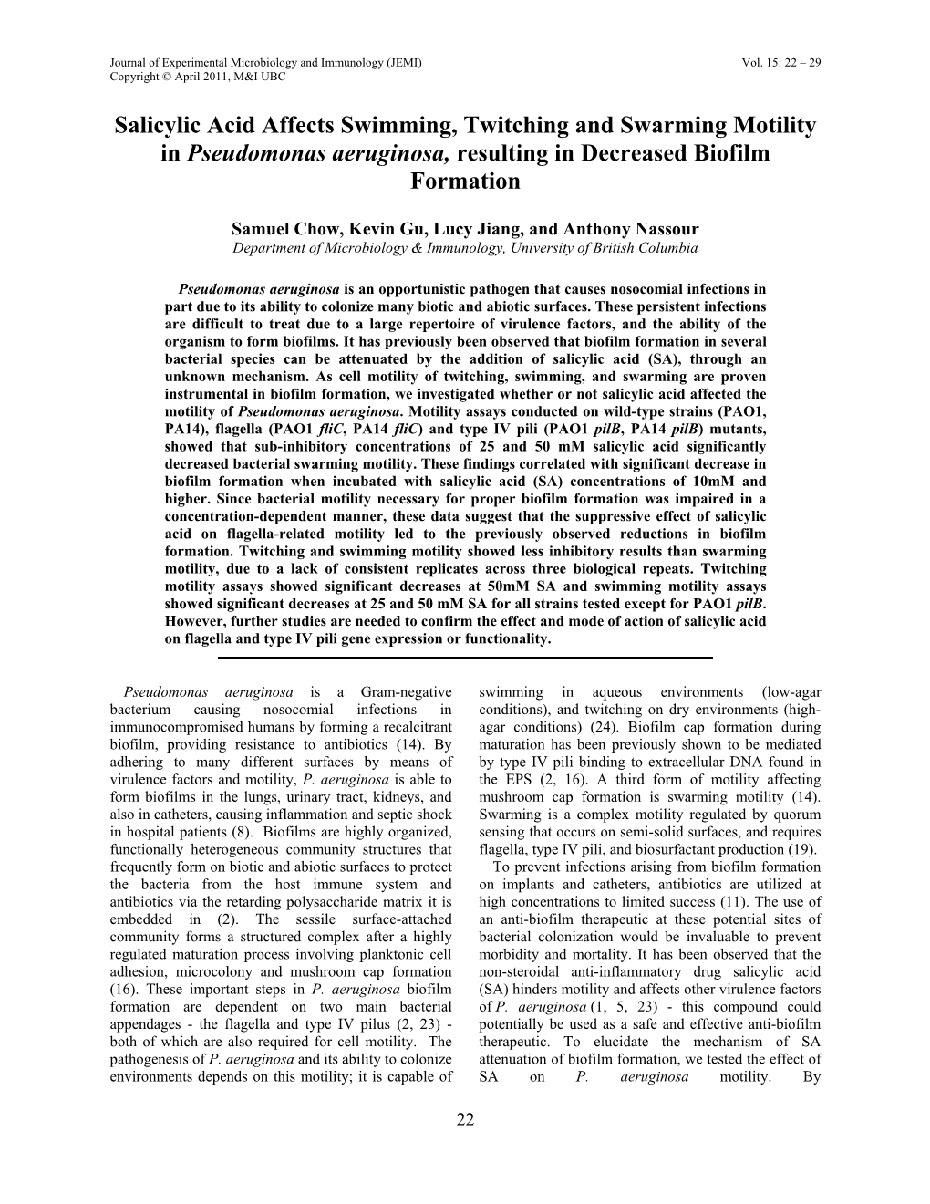 Salicylic Acid Affects Swimming, Twitching and Swarming Motility in Pseudomonas Aeruginosa, Resulting in Decreased Biofilm Formation