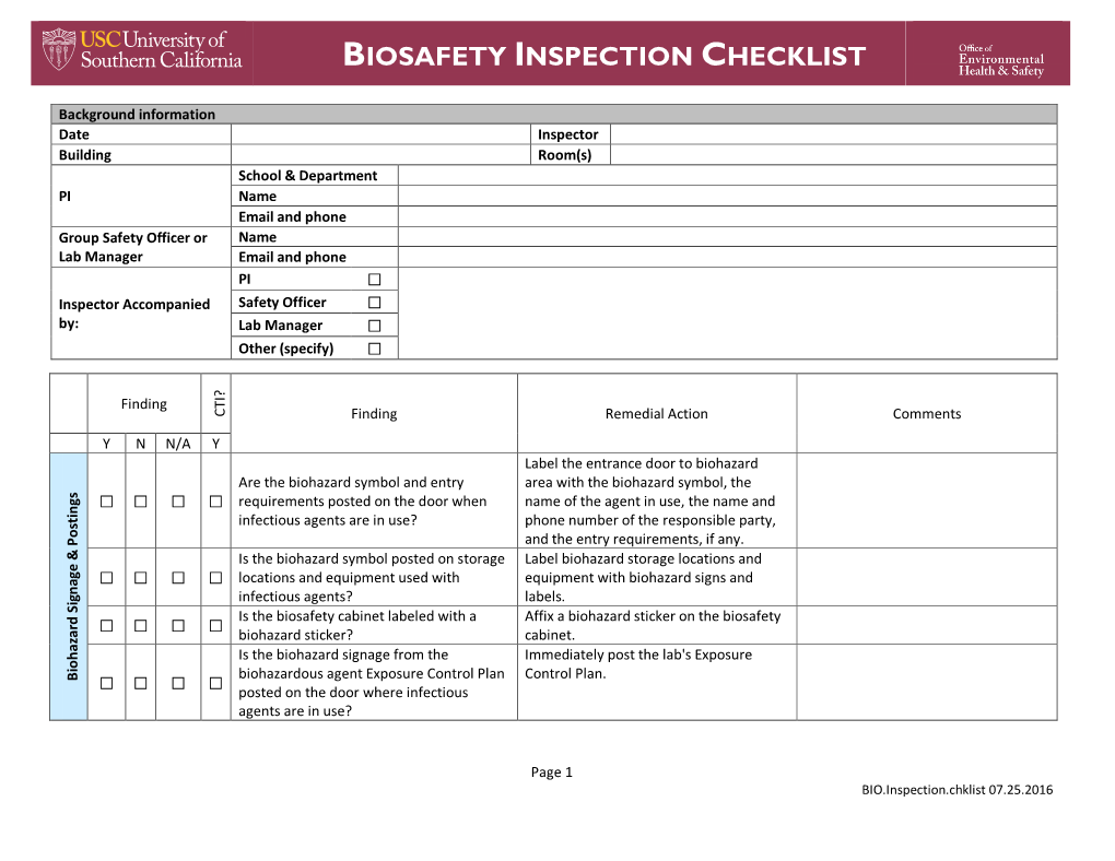 Biosafety Inspection Checklist