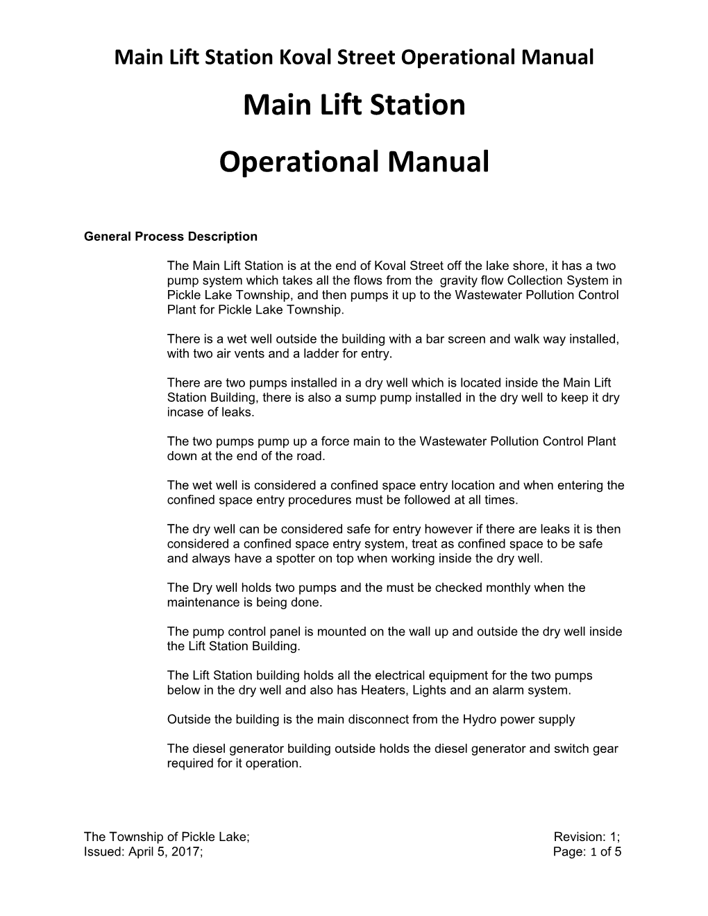 Main Lift Station Koval Street Operational Manual