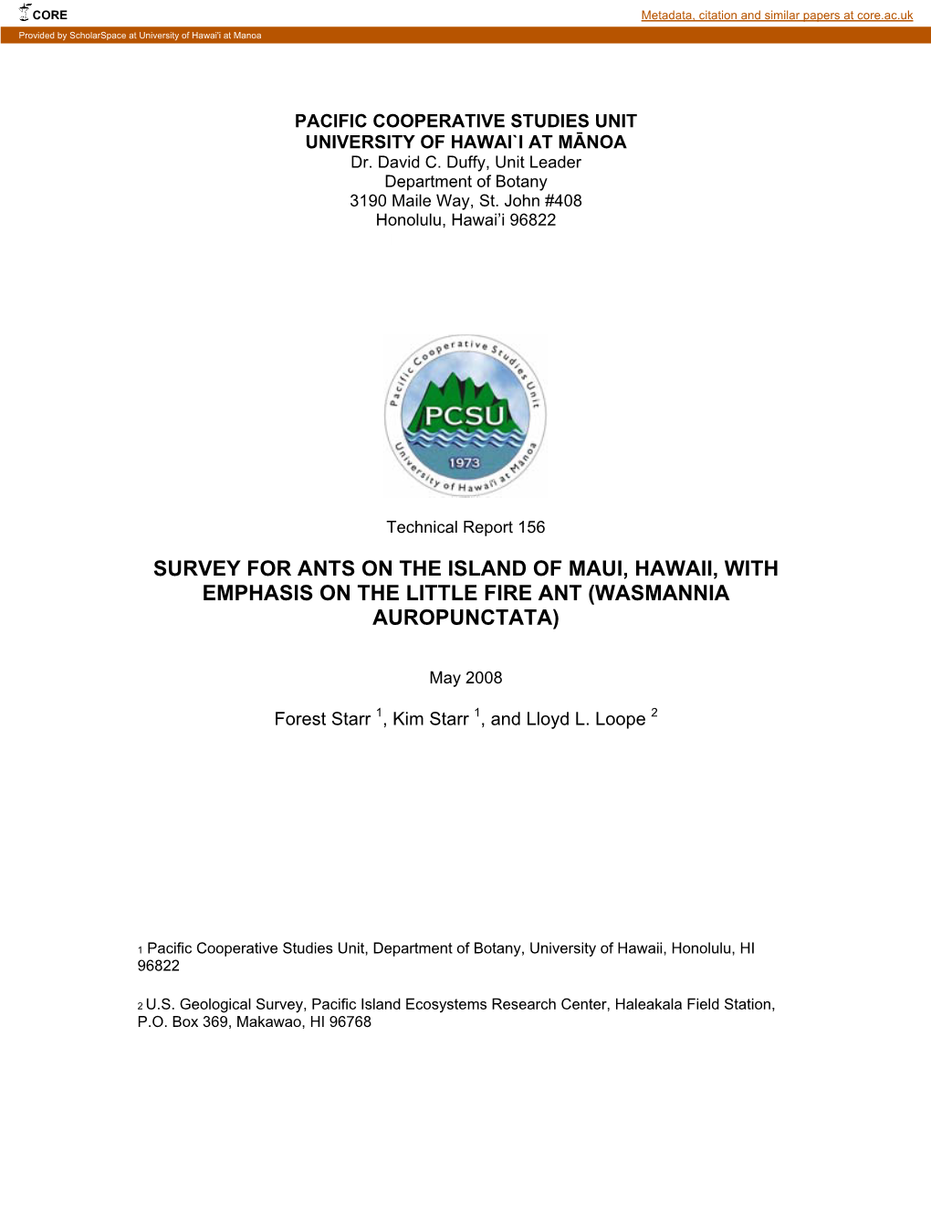 Survey for Ants on the Island of Maui, Hawaii, with Emphasis on the Little Fire Ant (Wasmannia Auropunctata)