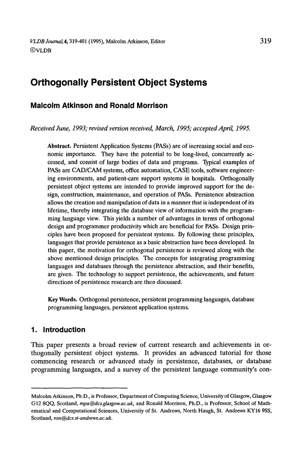 Orthogonally Persistent Object Systems