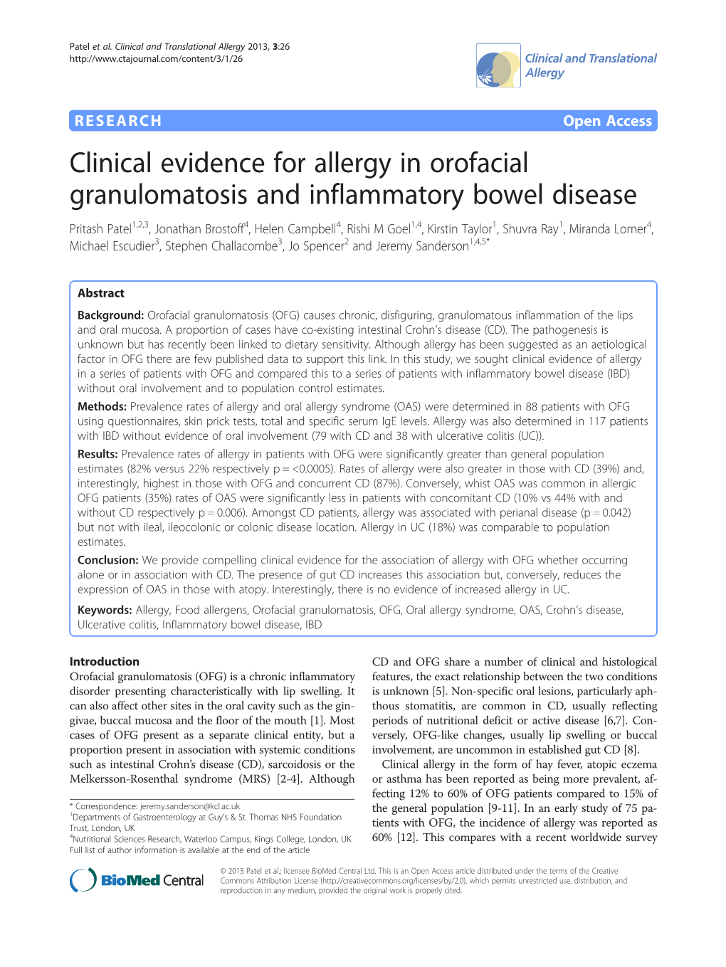 Clinical Evidence for Allergy in Orofacial Granulomatosis And