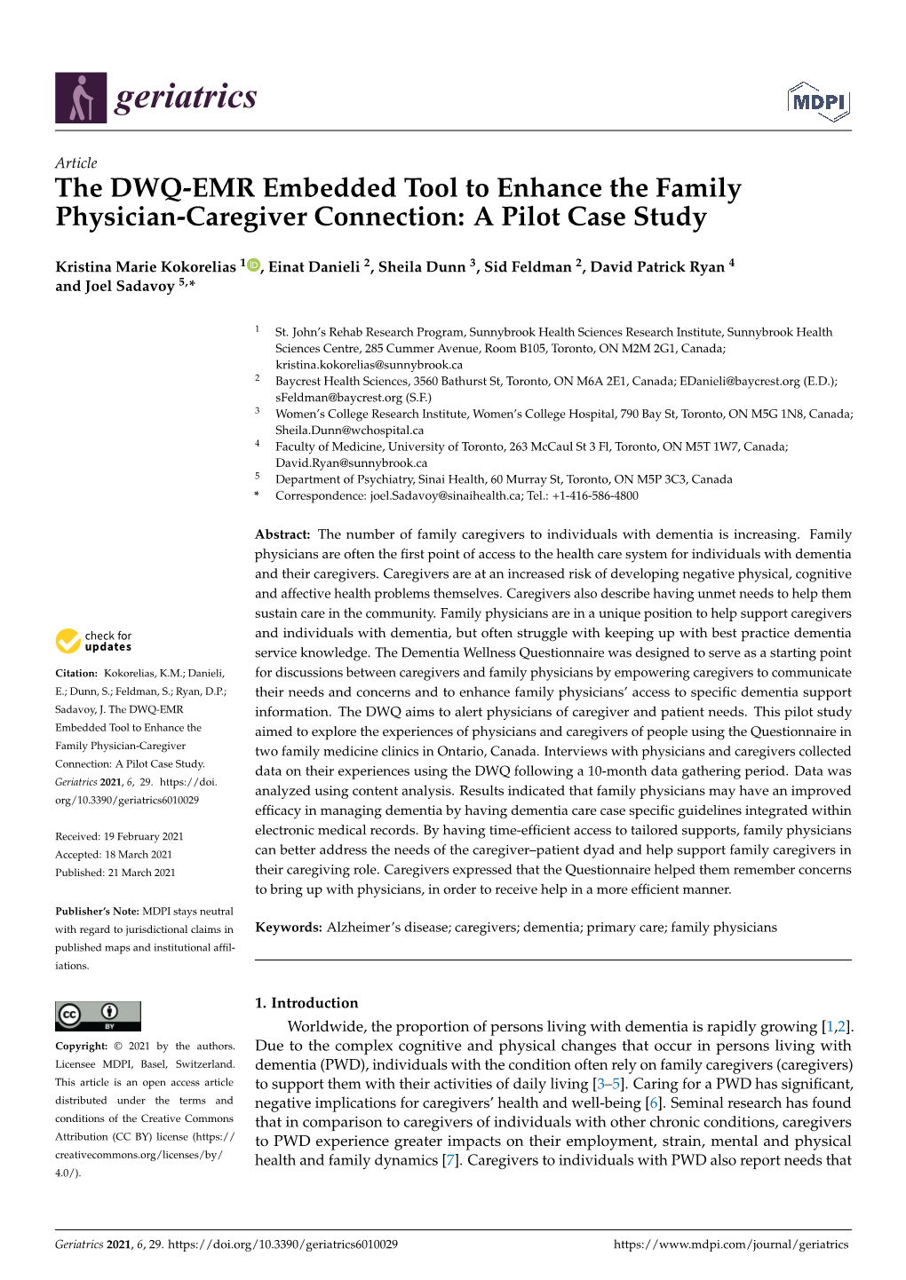 The DWQ-EMR Embedded Tool to Enhance the Family Physician-Caregiver Connection: a Pilot Case Study