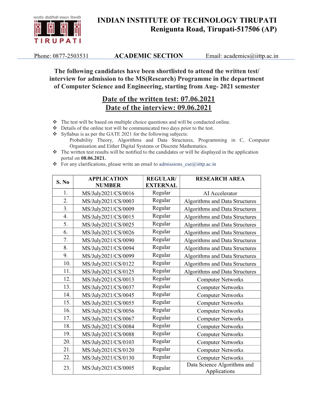 (AP) Date of the Written Test: 07.06.2021 Date of the In