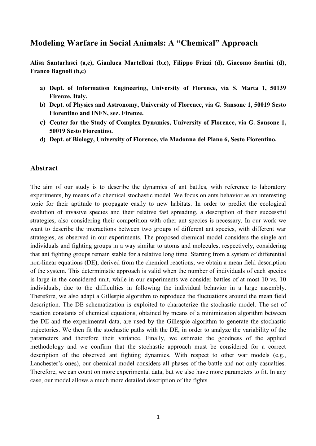 Modeling Warfare in Social Animals: a “Chemical” Approach