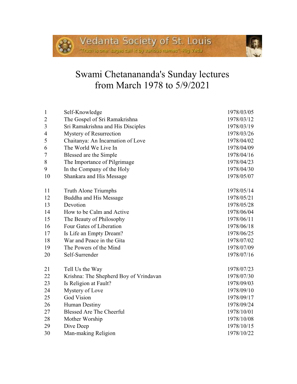 Swami Chetanananda's Sunday Lectures from March 1978 to 5/9/2021