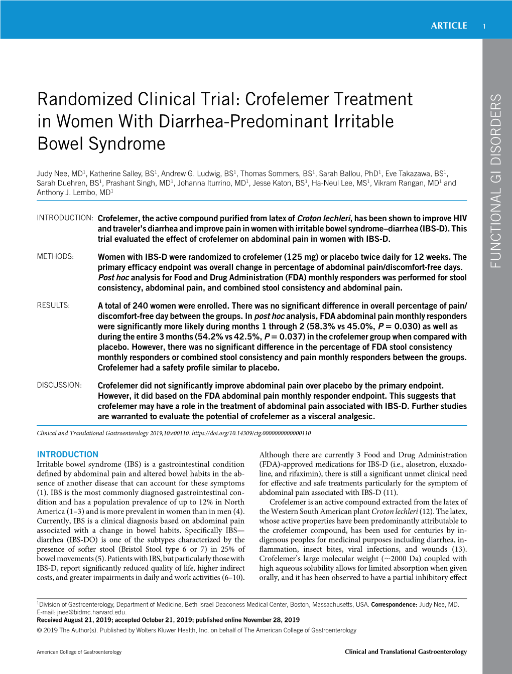 Randomized Clinical Trial: Crofelemer Treatment in Women with Diarrhea-Predominant Irritable Bowel Syndrome