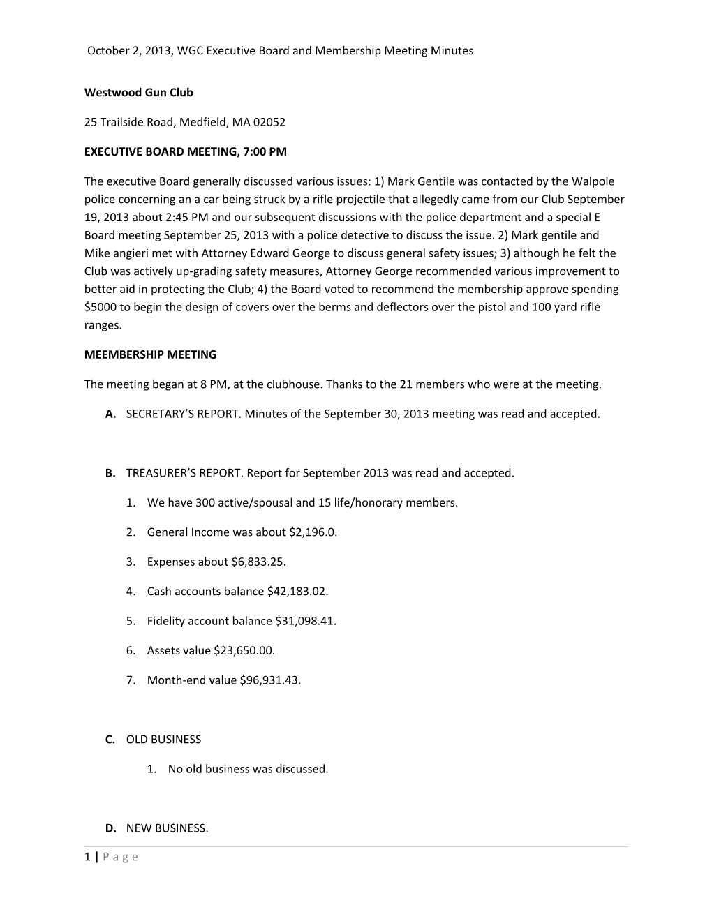 October 2, 2013, WGC Executive Board and Membership Meeting Minutes