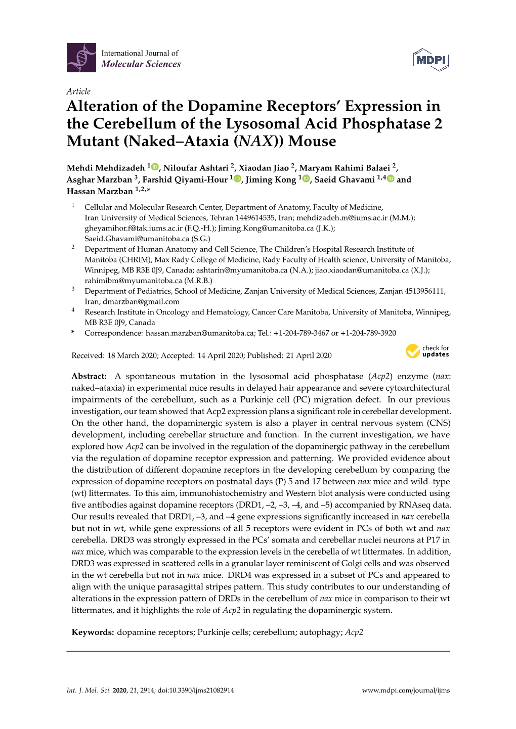 Alteration of the Dopamine Receptors' Expression in the Cerebellum of The