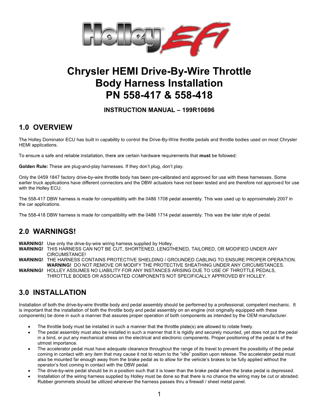 Chrysler HEMI Drive-By-Wire Throttle Body Harness Installation PN 558-417 & 558-418