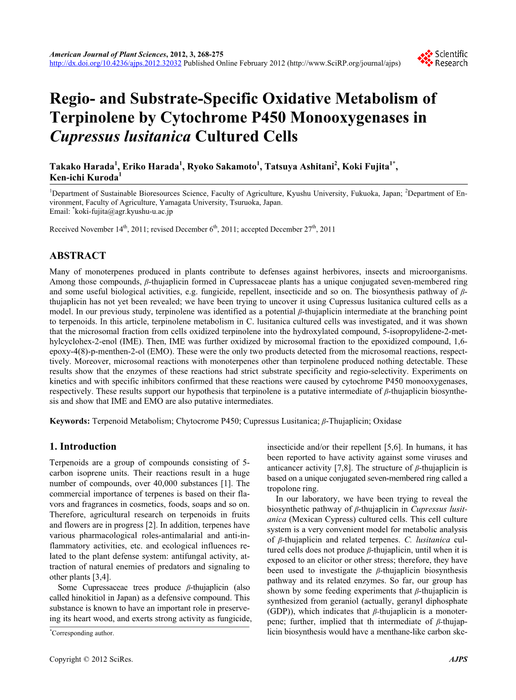 And Substrate-Specific Oxidative Metabolism of Terpinolene by Cytochrome P450 Monooxygenases in Cupressus Lusitanica Cultured Cells