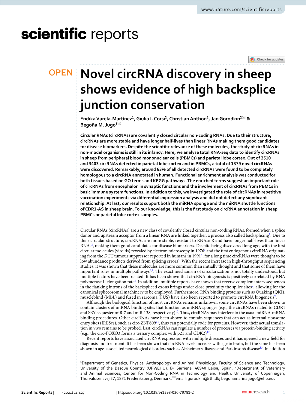 Novel Circrna Discovery in Sheep Shows Evidence of High Backsplice Junction Conservation Endika Varela‑Martínez1, Giulia I