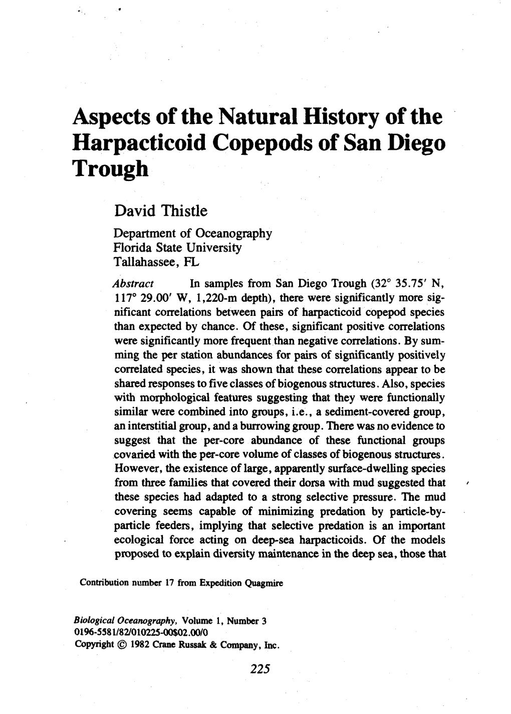 Aspects of the Natural History of the Harpacticoid Copepods of San Diego Trough
