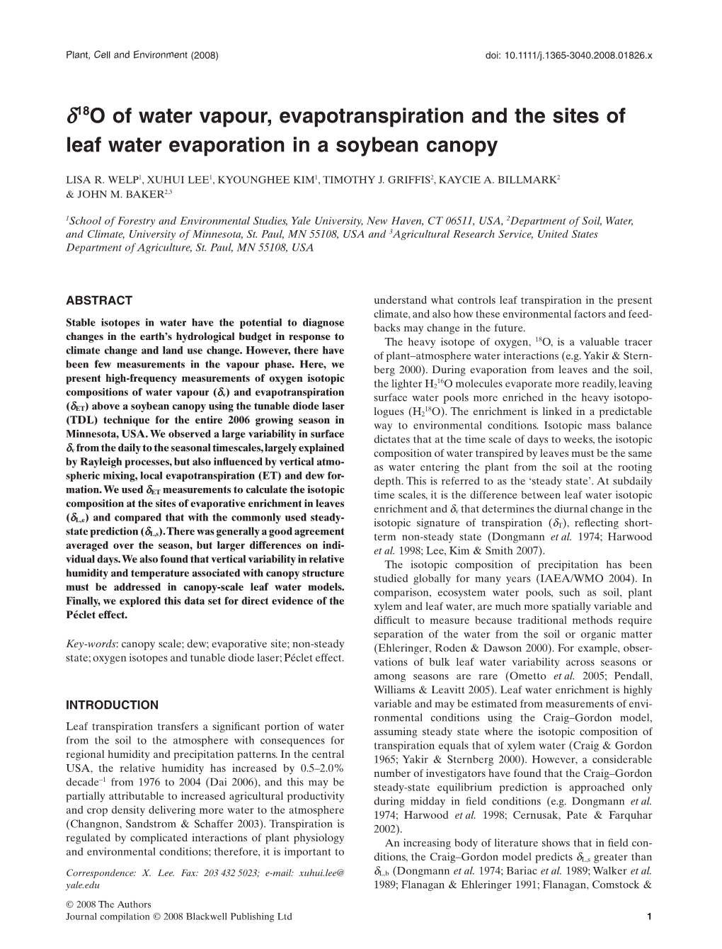 Δ18o of Water Vapour, Evapotranspiration and the Sites of Leaf Water Evaporation in a Soybean Canopy