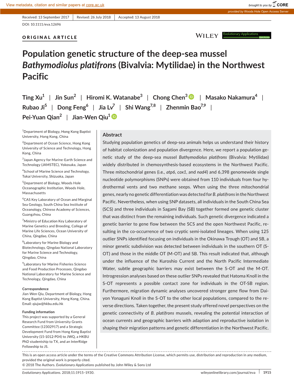 Sea Mussel Bathymodiolus Platifrons (Bivalvia: Mytilidae) in the Northwest Pacific