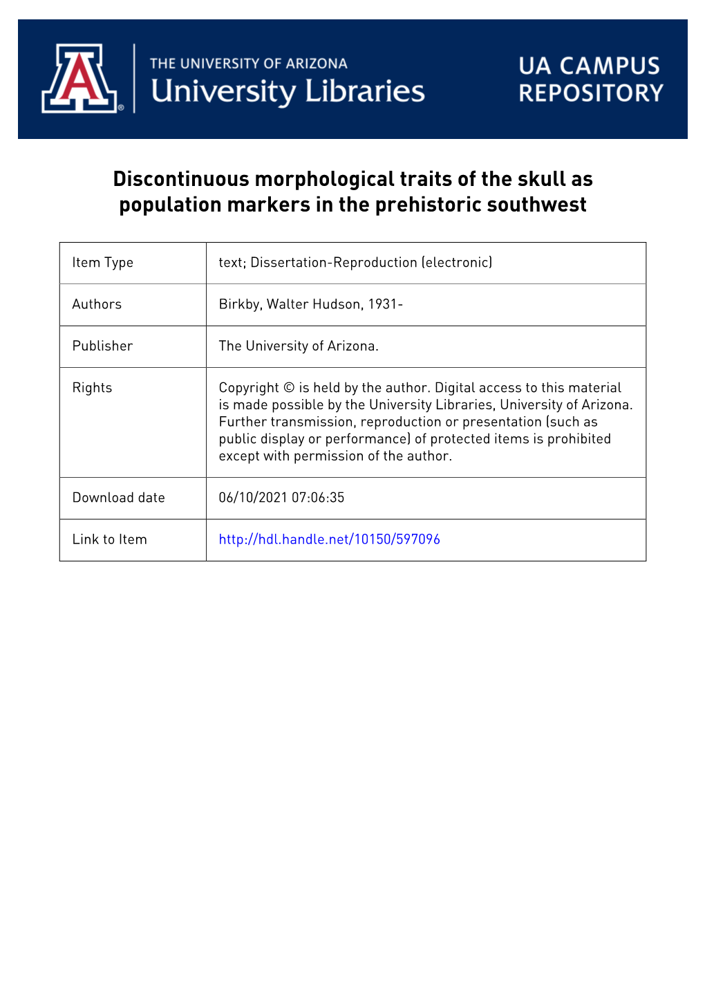 Discontinuous Morphological Traits of the Skull As Population Markers in the Prehistoric Southwest