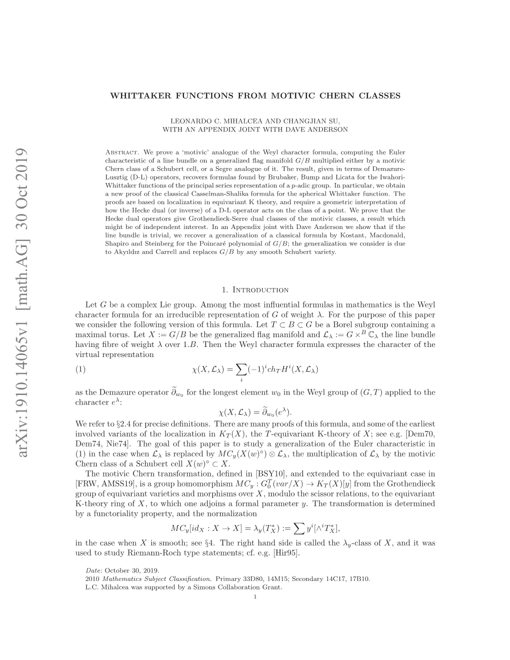 Whittaker Functions from Motivic Chern Classes