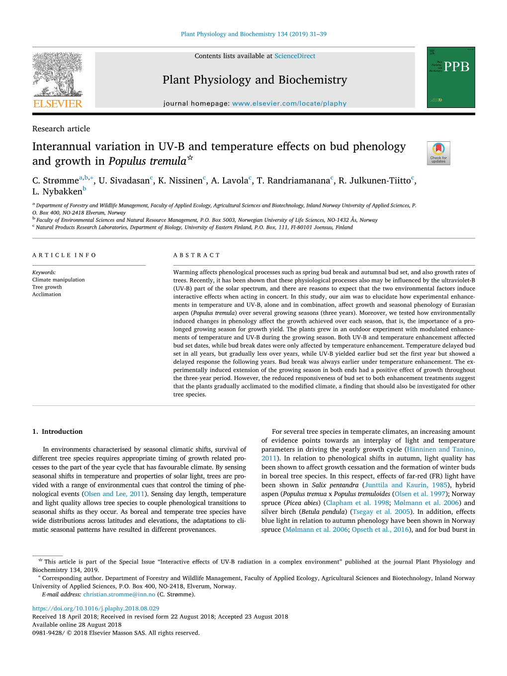 Interannual Variation in UV-B and Temperature Effects on Bud Phenology and Growth in Populus Tremula