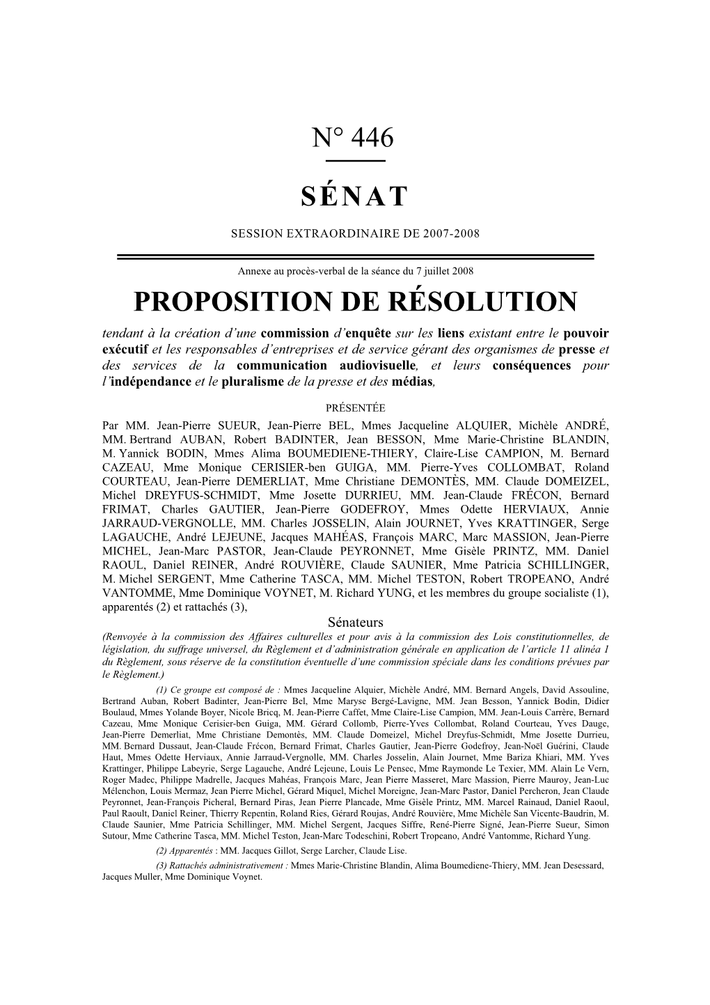 N° 446 Sénat Proposition De Résolution