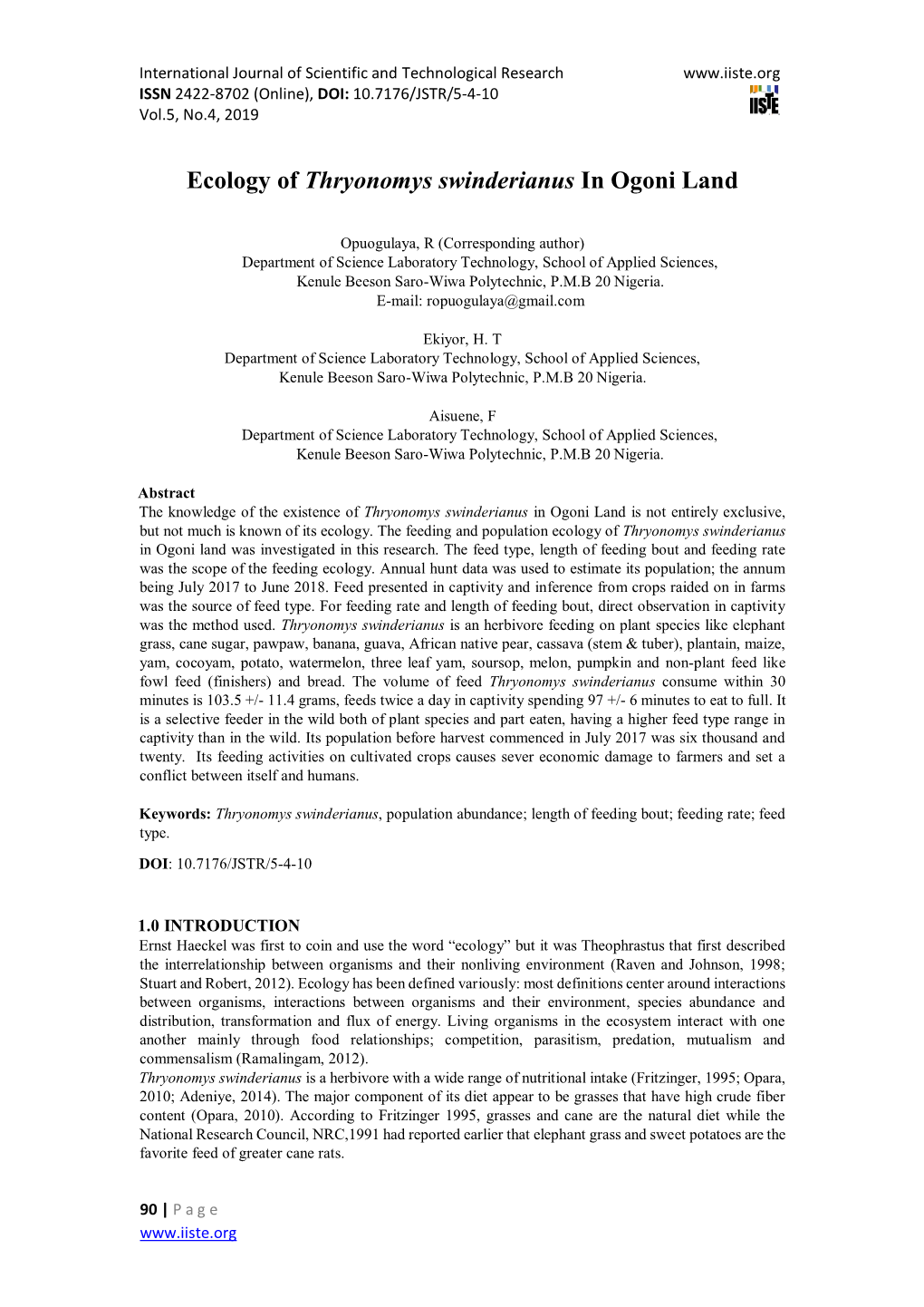 Ecology of Thryonomys Swinderianus in Ogoni Land