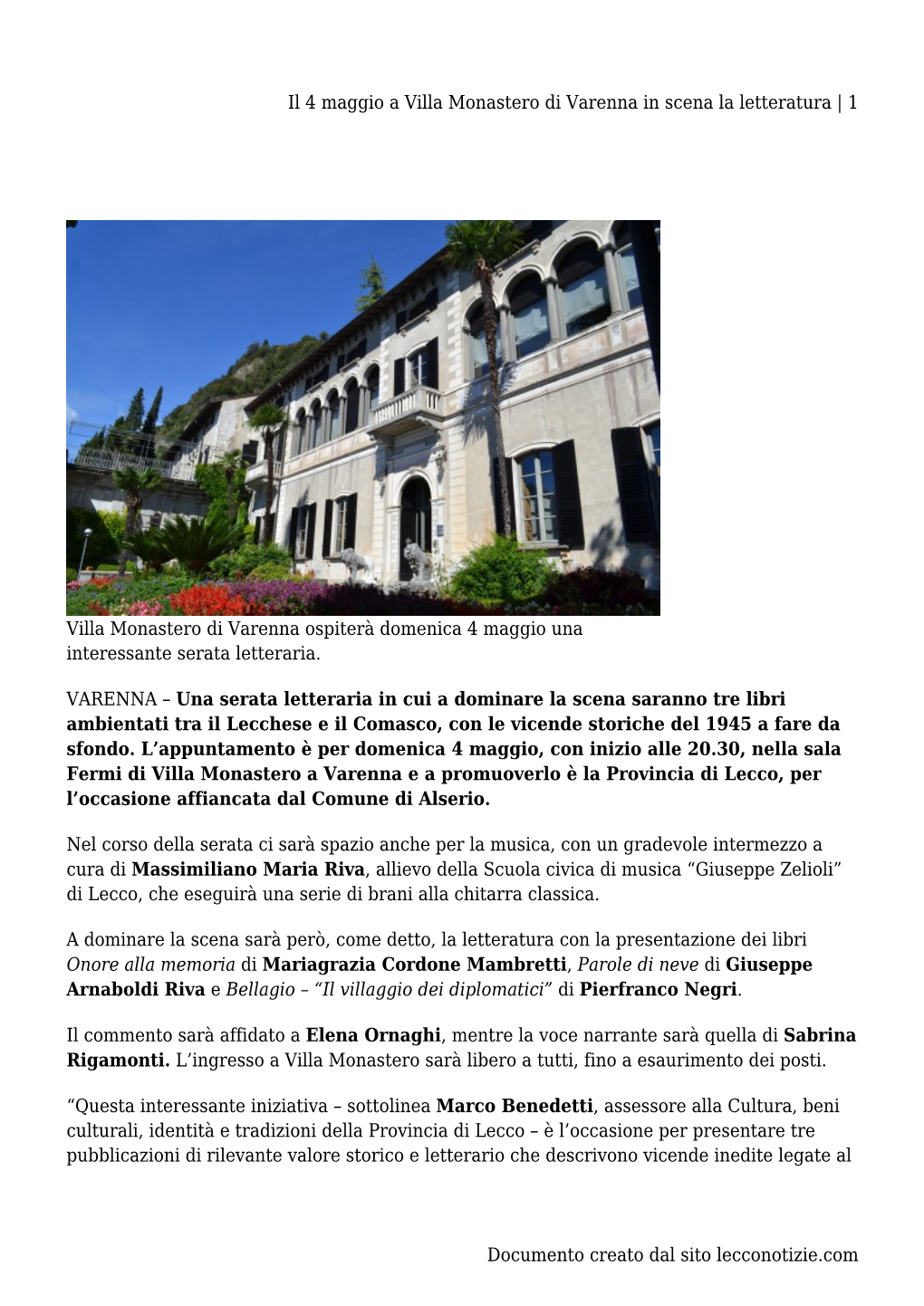 Il 4 Maggio a Villa Monastero Di Varenna in Scena La Letteratura | 1
