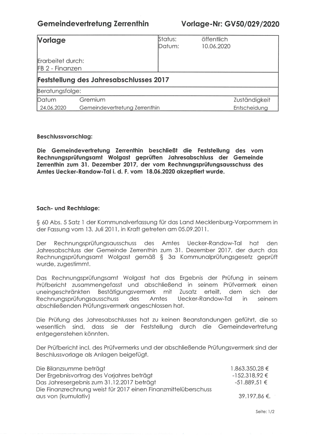 Gemeindevertretung Zerrenthin Vorlage-Nr: GVS0/029 /2020