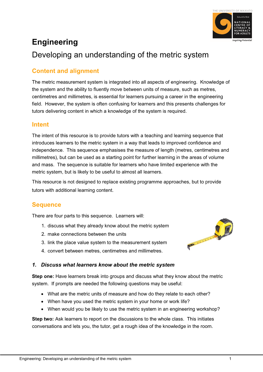 TEACHING and LEARNING SEQUENCE | Engineering, Developing an Understanding of the Metric System