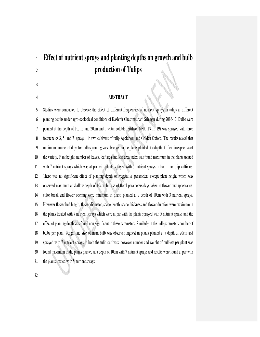 Effect of Nutrient Sprays and Planting Depths on Growth and Bulb 2 Production of Tulips