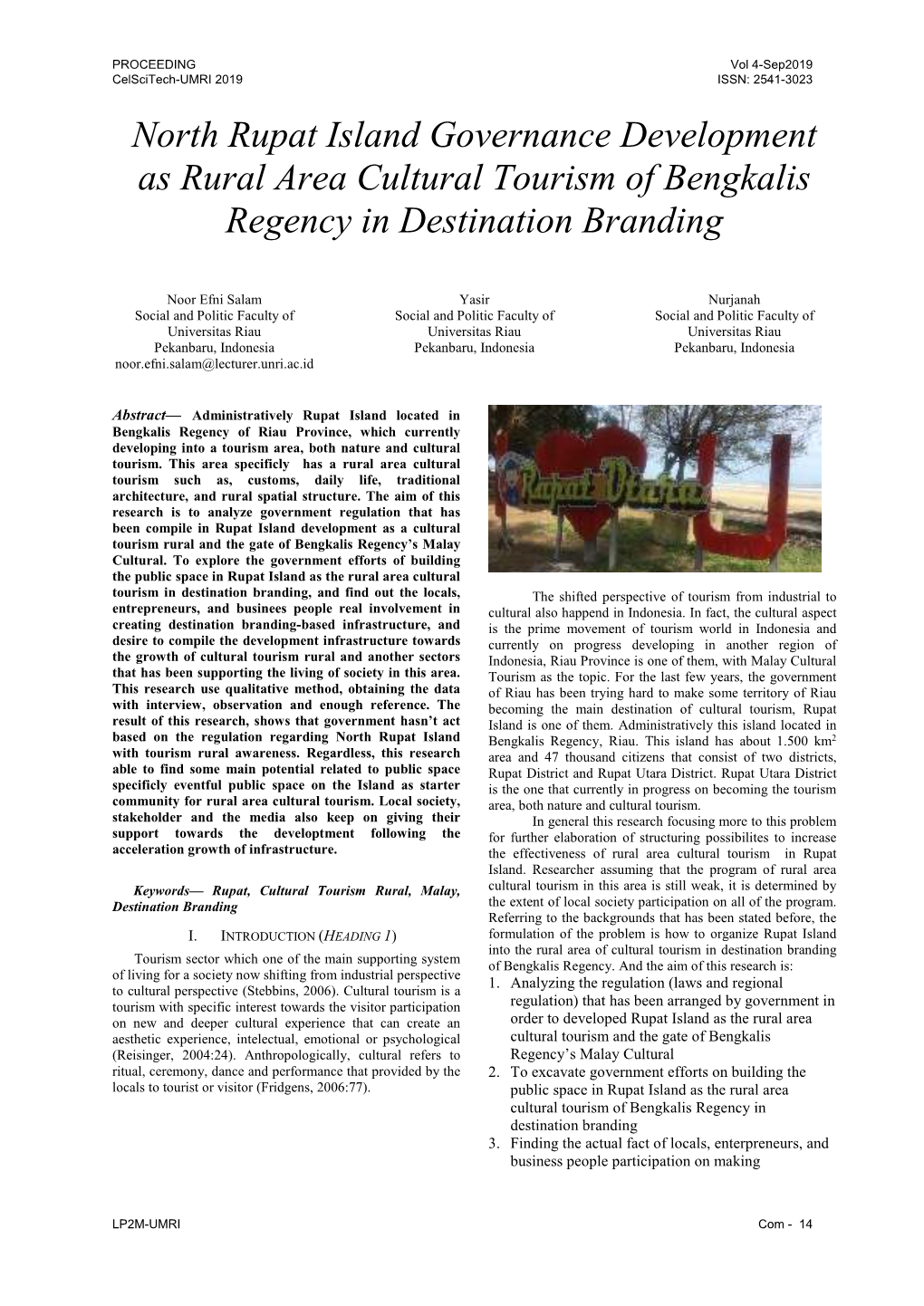 North Rupat Island Governance Development As Rural Area Cultural Tourism of Bengkalis Regency in Destination Branding