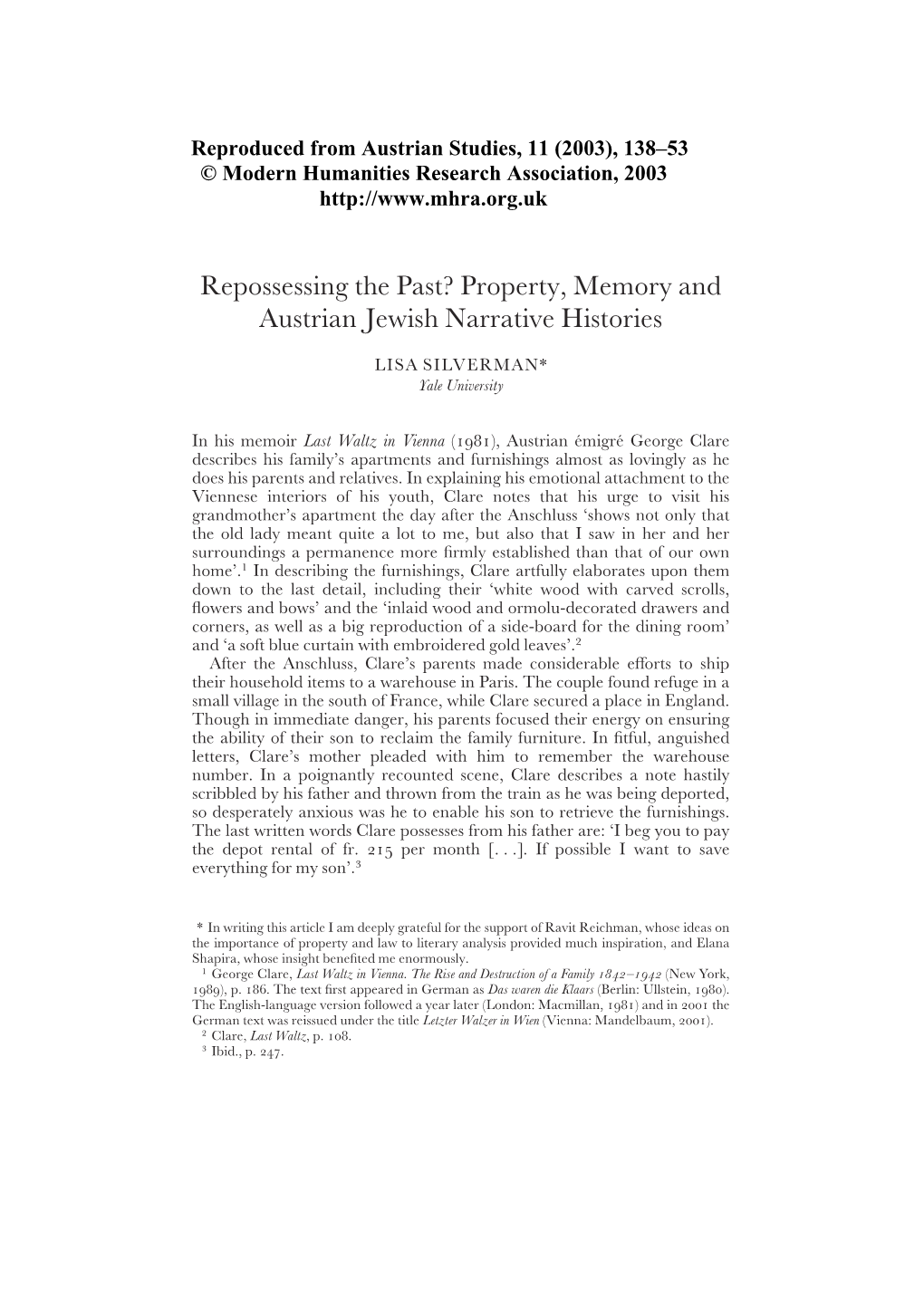 Repossessing the Past? Property, Memory and Austrian Jewish Narrative Histories