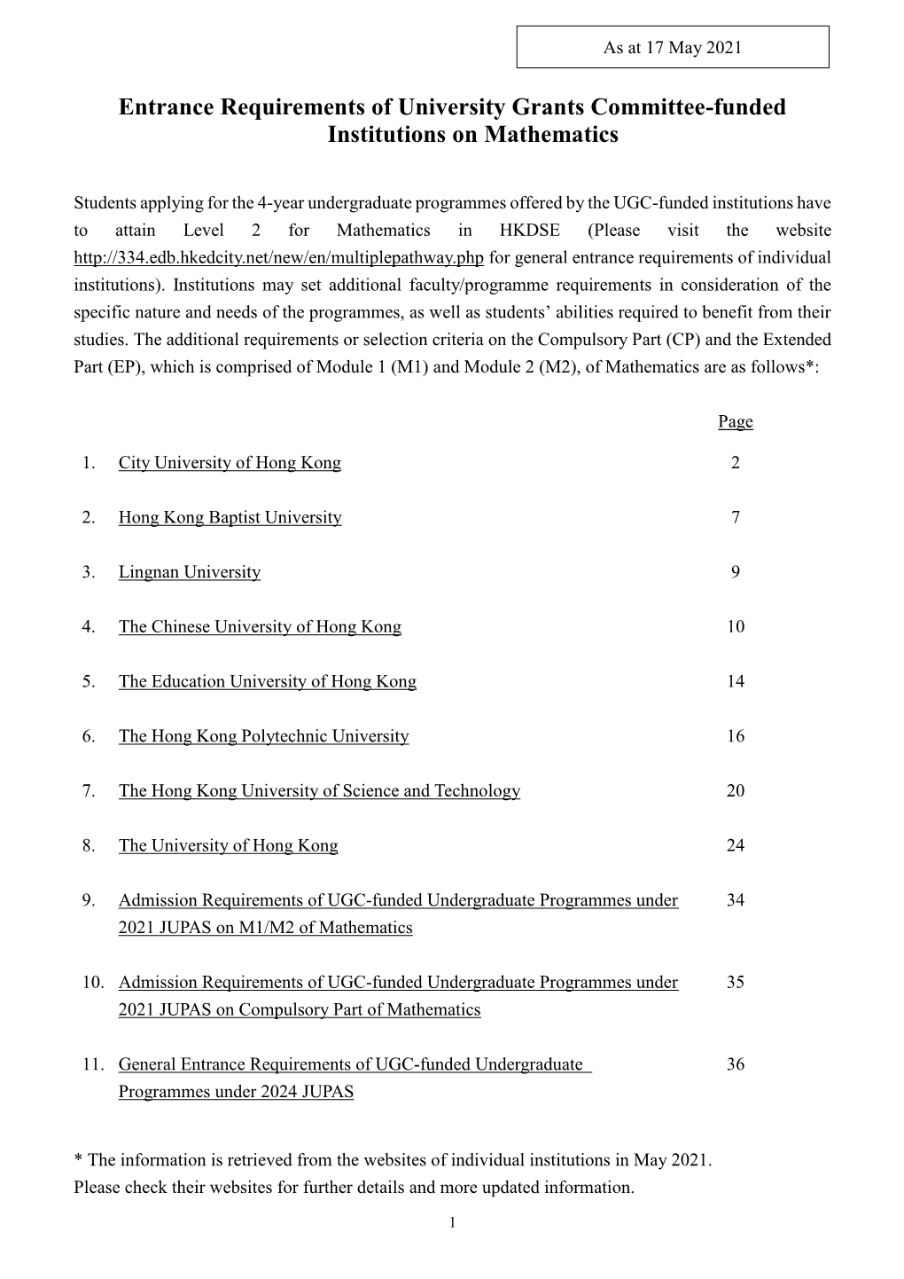 Entrance Requirements of University Grants Committee-Funded Institutions on Mathematics