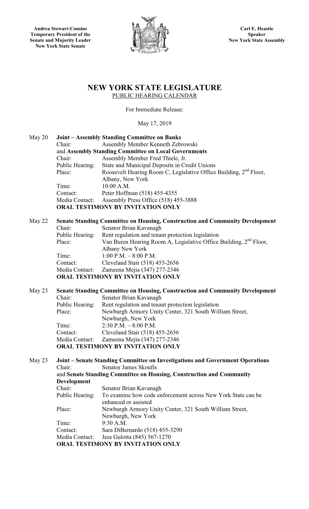 New York State Legislature Public Hearing Calendar