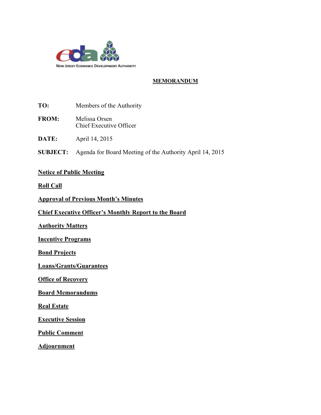 April 14, 2015 SUBJECT: Agenda for Board Meeting