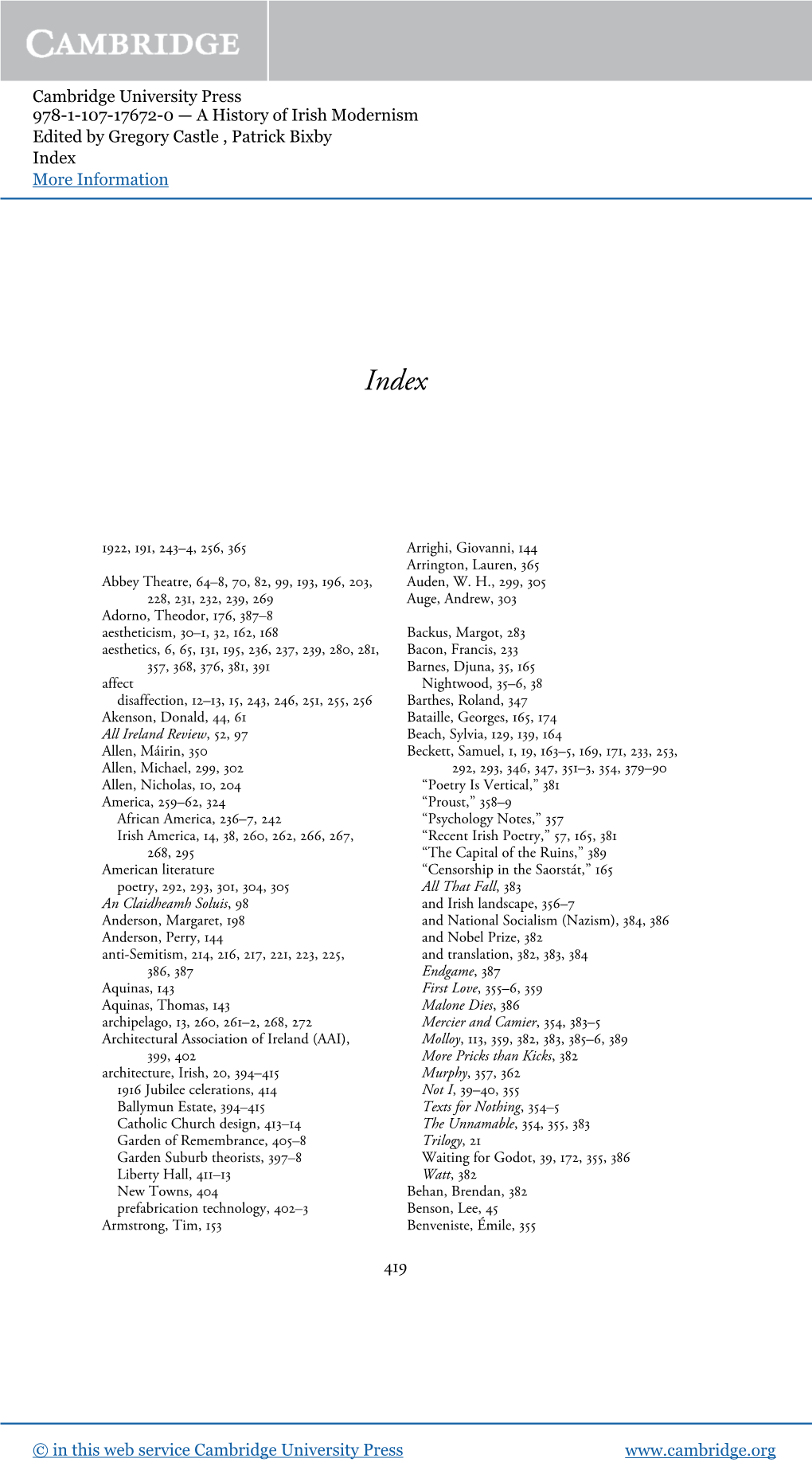 Cambridge University Press 978-1-107-17672-0 — a History of Irish Modernism Edited by Gregory Castle , Patrick Bixby Index More Information