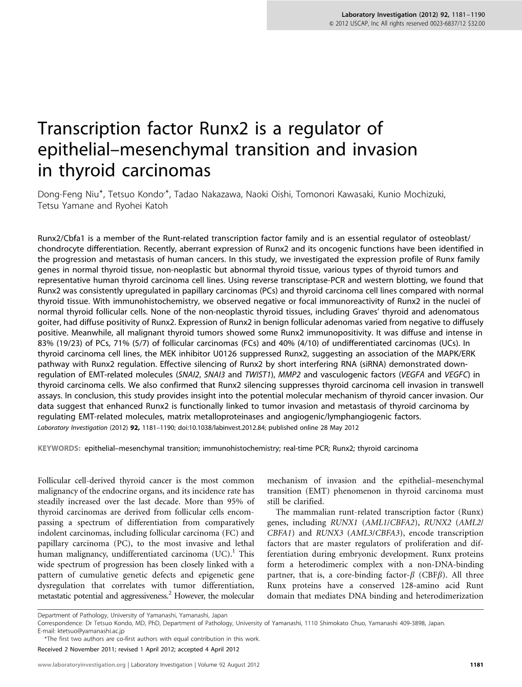 Mesenchymal Transition and Invasion in Thyroid Carcinomas