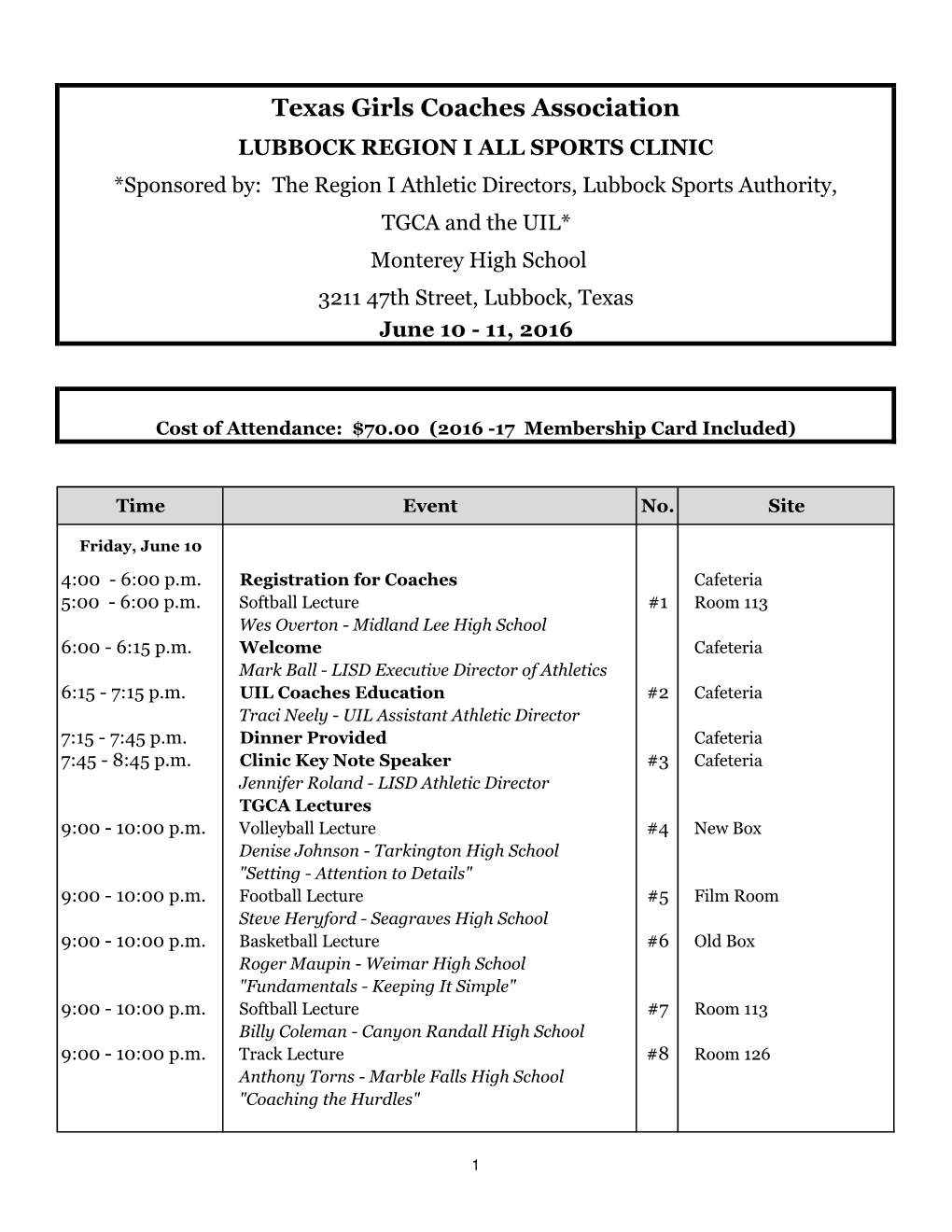 2016 Region I All Sports Clinic Agenda