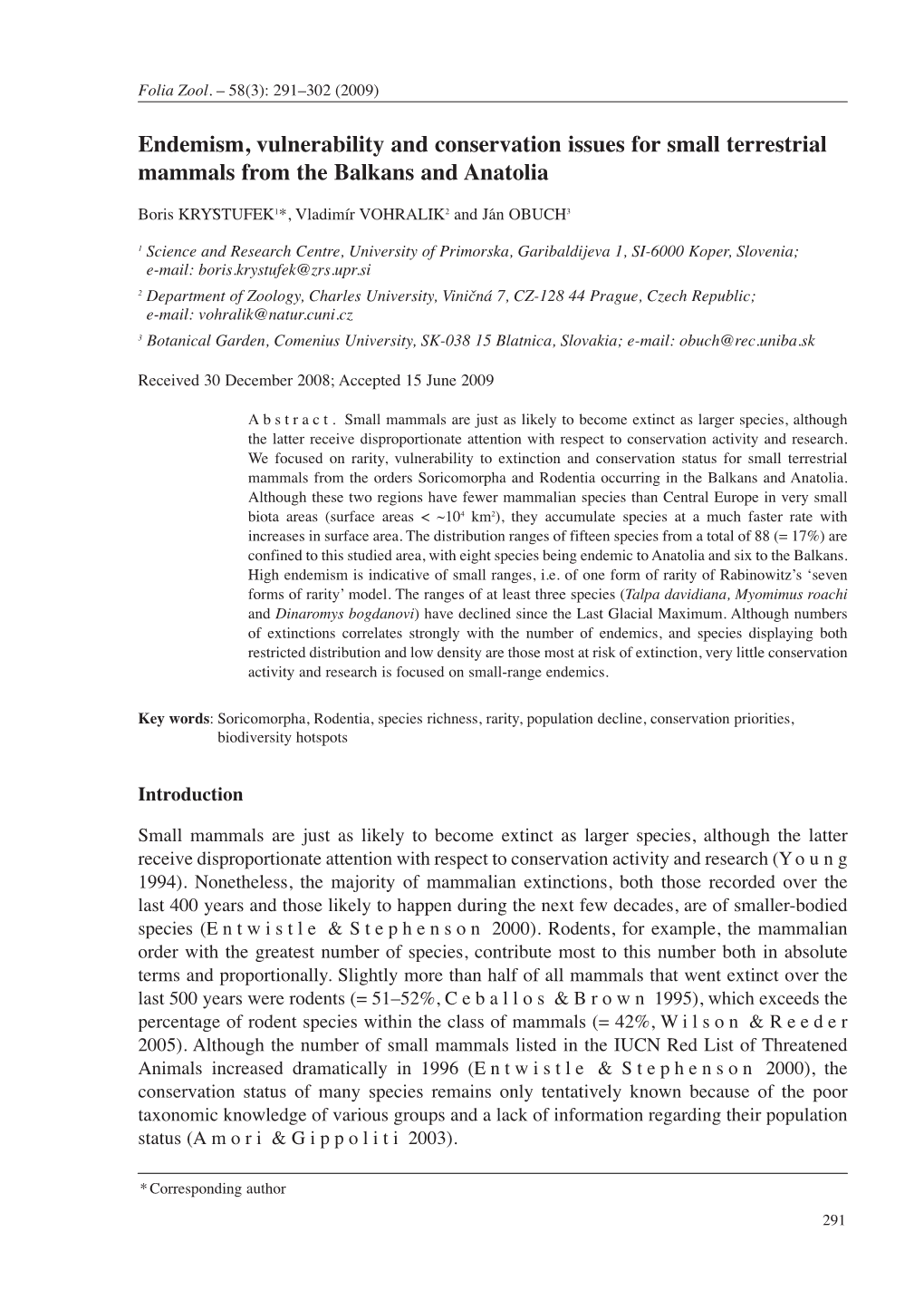 Endemism, Vulnerability and Conservation Issues for Small Terrestrial Mammals from the Balkans and Anatolia