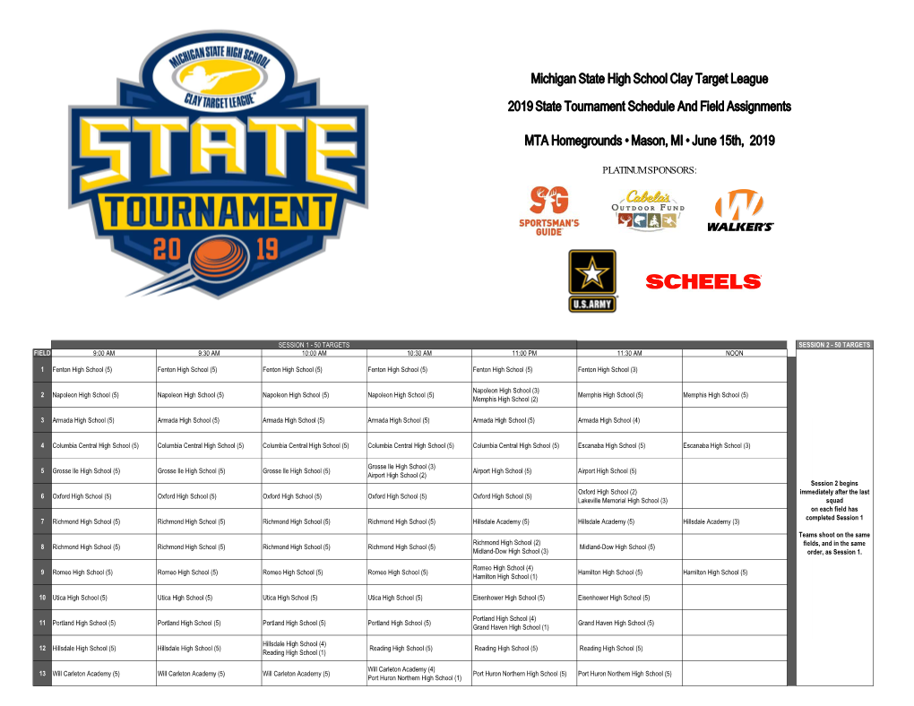 Michigan State High School Clay Target League 2019 State Tournament Schedule and Field Assignments