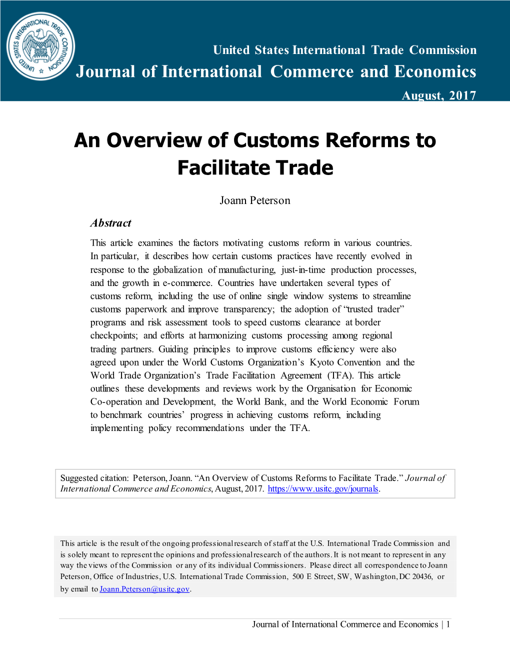 An Overview of Customs Reforms to Facilitate Trade