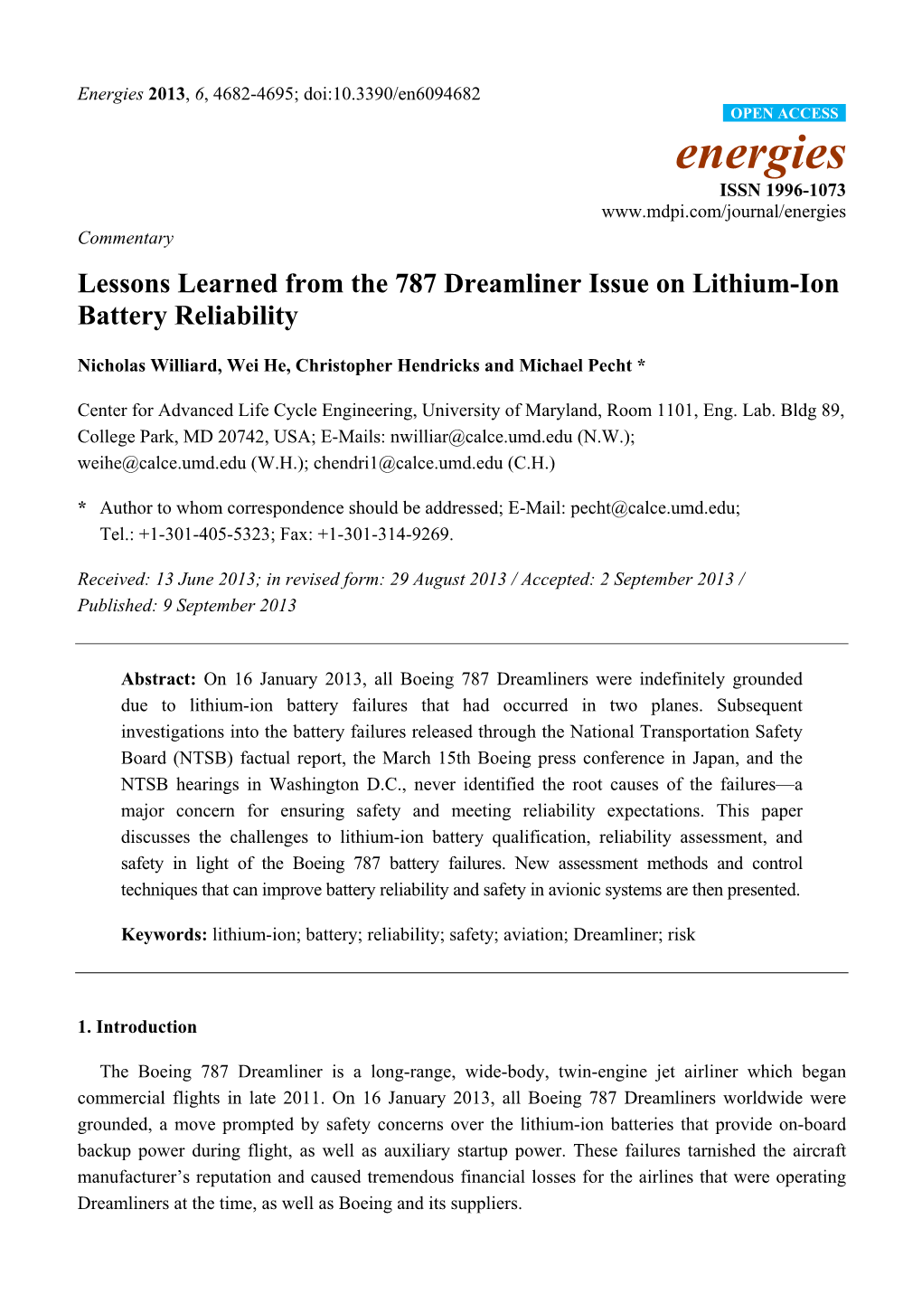 Lessons Learned from the 787 Dreamliner Issue on Lithium-Ion Battery Reliability