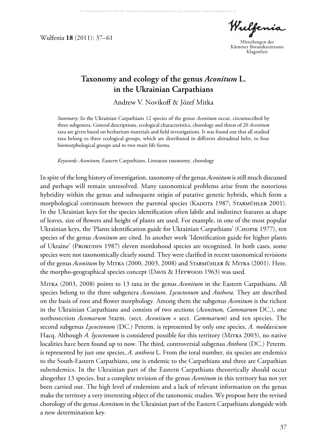 Taxonomy and Ecology of the Genus Aconitum L. in the Ukrainian Carpathians Andrew V