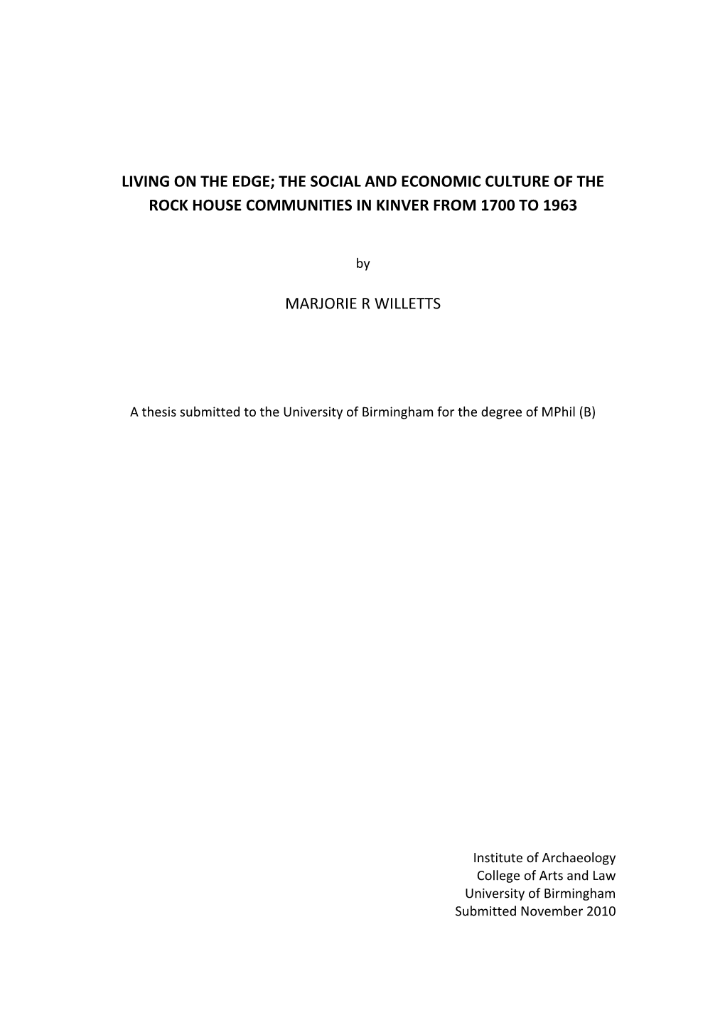 The Social and Economic Culture of the Rock House Communities in Kinver from 1700 to 1963