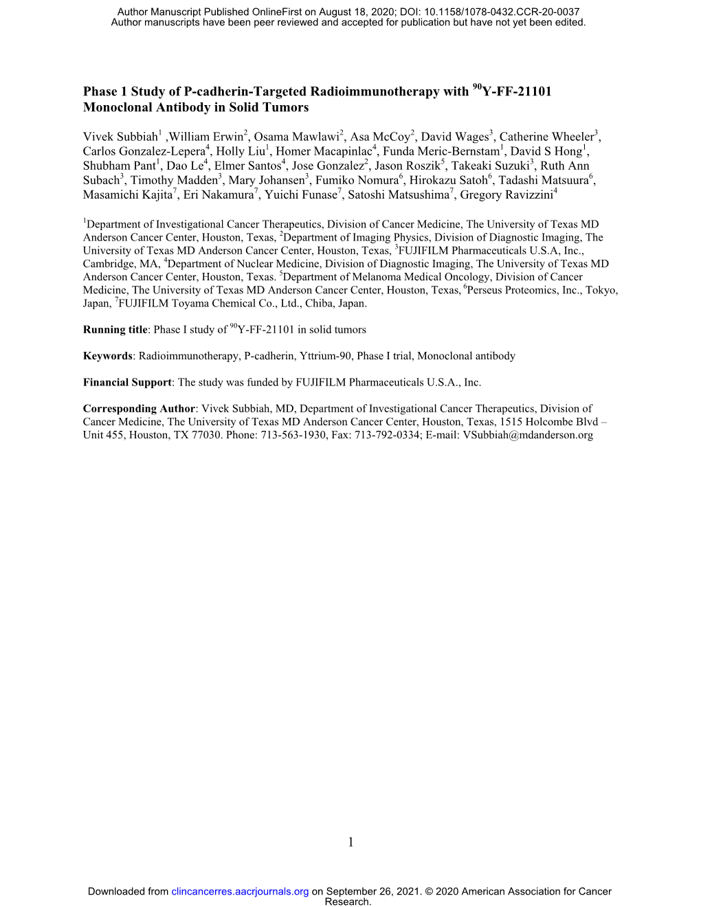 Phase 1 Study of P-Cadherin-Targeted Radioimmunotherapy with 90Y-FF-21101 Monoclonal Antibody in Solid Tumors