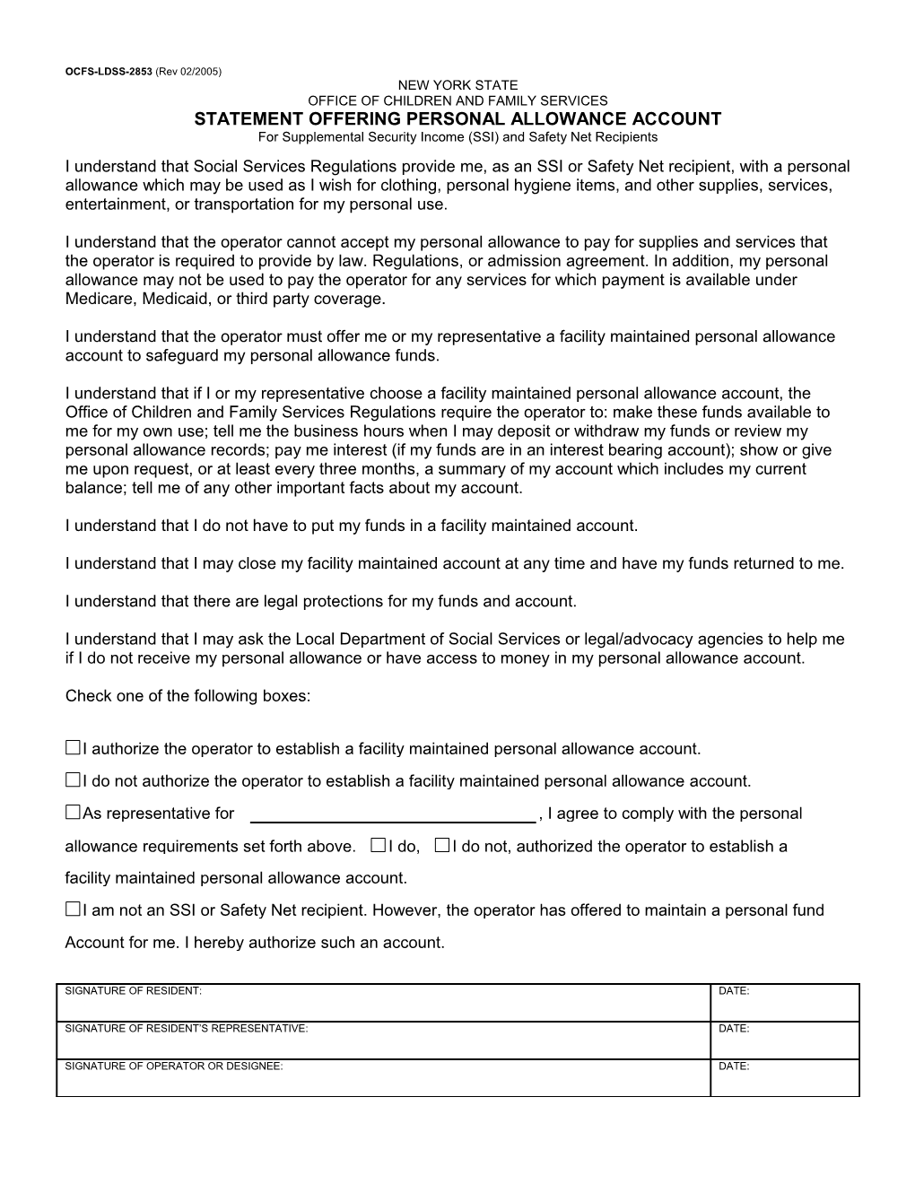 OCFS-LDSS-2853 Statement Offering Personal Allowance Account