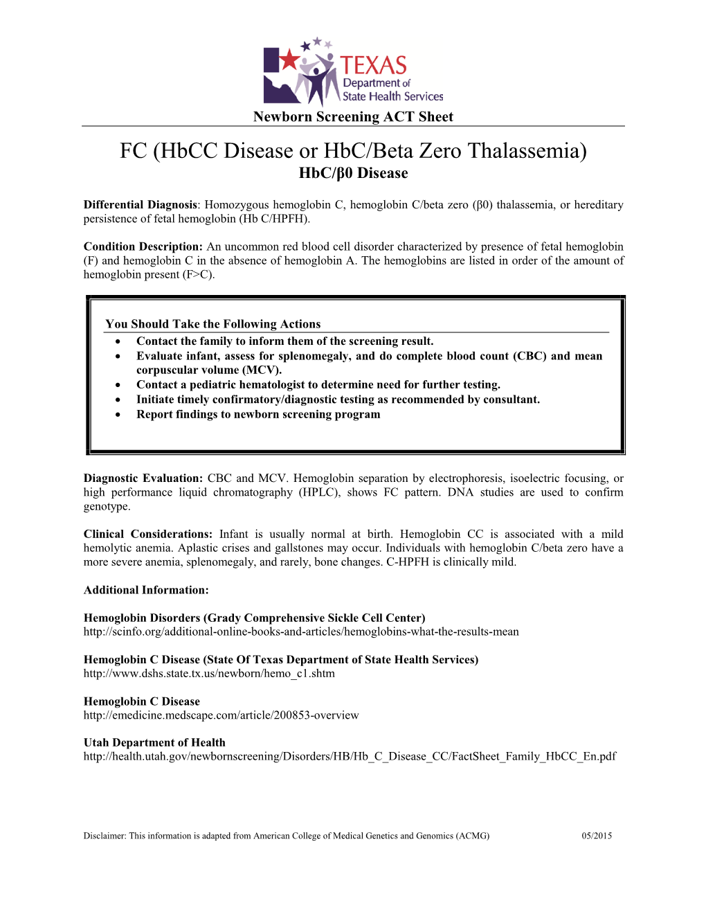 FC (Hbcc Disease Or Hbc/Beta Zero Thalassemia) Act & Fact Sheet