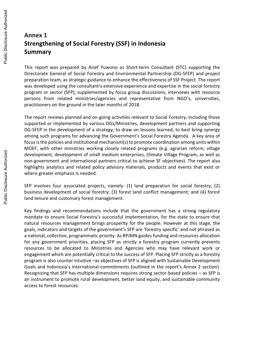 Annex 1 Strengthening of Social Forestry (SSF) in Indonesia Summary